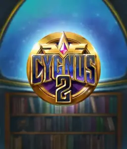 Explore the enchanting artwork of ELK Studios' Cygnus 2 Slot, highlighting a stunning golden emblem with a vibrant design in purple and gold. Set against a starlit background of a library, this image captures the spirit of mystical exploration. 