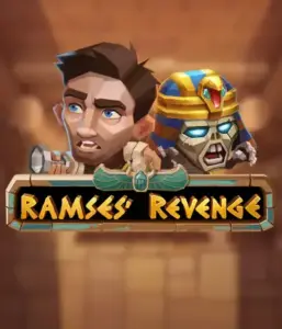 Explore the thrilling world of the Ramses' Revenge game by Relax Gaming, featuring a surprised explorer and a terrifying mummy against an Egyptian tomb backdrop. This graphic portrays the excitement of ancient Egyptian myths, ideal for those interested in historical adventures, offering a gripping escape. 